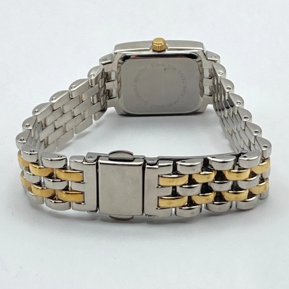 Womens Tank Watch Gold Silver Two Tone 19mm Crystals Bling New Battery 6.5